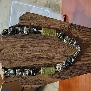 Chinese Carved Jade beads and glass beads necklace 21"